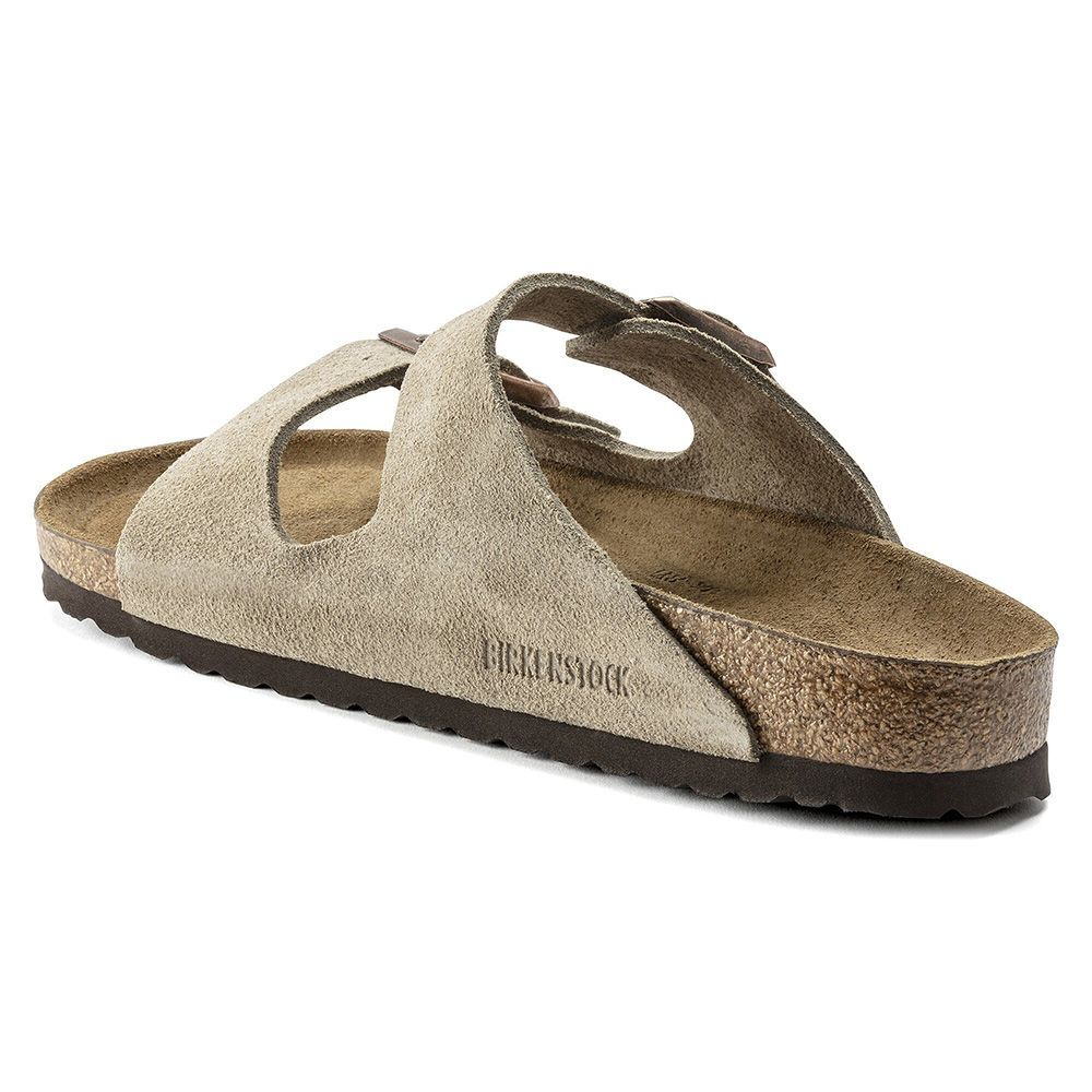 Sandalo Birkenstock Arizona Soft Footbed in pelle scamosciata Taupe – vista posteriore