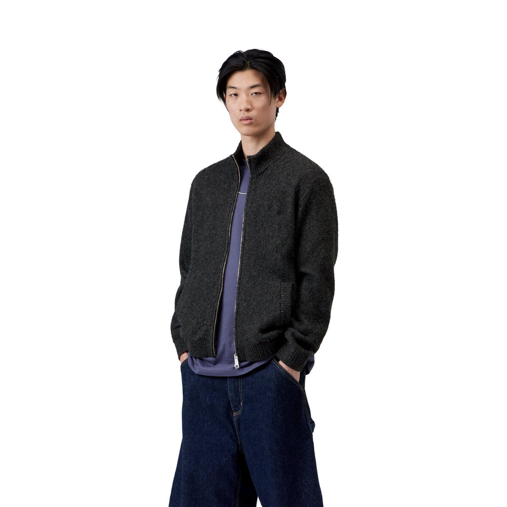 Cardigan Carhartt WIP Curtis Sweater Jacket Tangled Black – indossato vista frontale