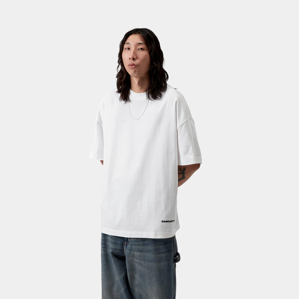 T-shirt Carhartt WIP S/S Link Script T-Shirt White / Black – indossata vista frontale