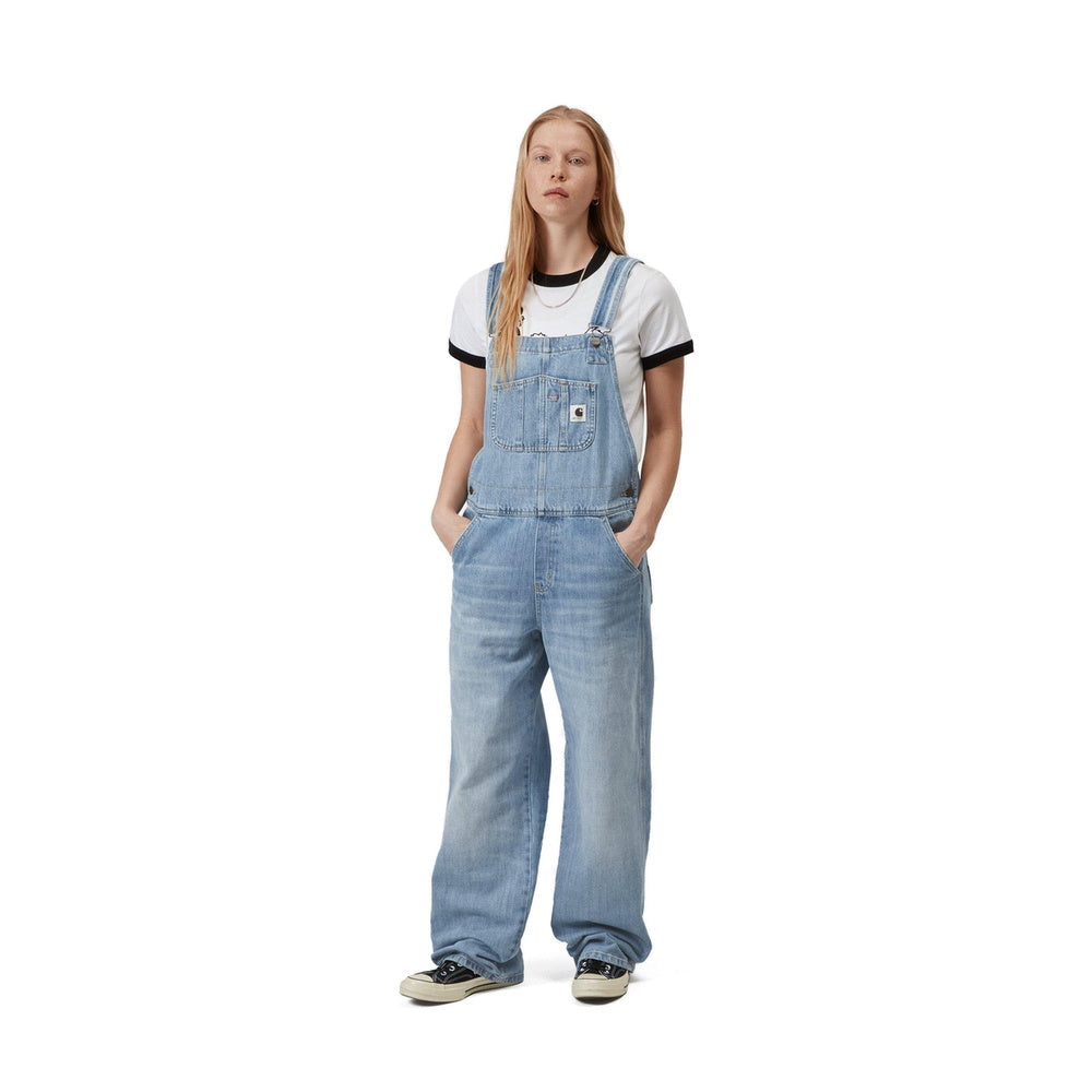 Salopette Carhartt WIP W' Bib Overall Straight Blue Burst Washed – indossata vista frontale