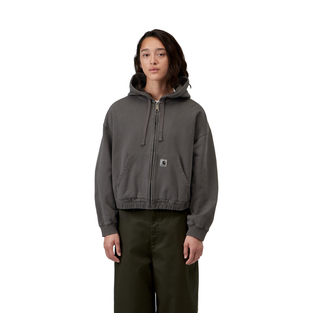 Felpa con cappuccio Carhartt WIP W' Hooded Hoggard Jacket Black Garment Dyed – indossata vista di tre quarti