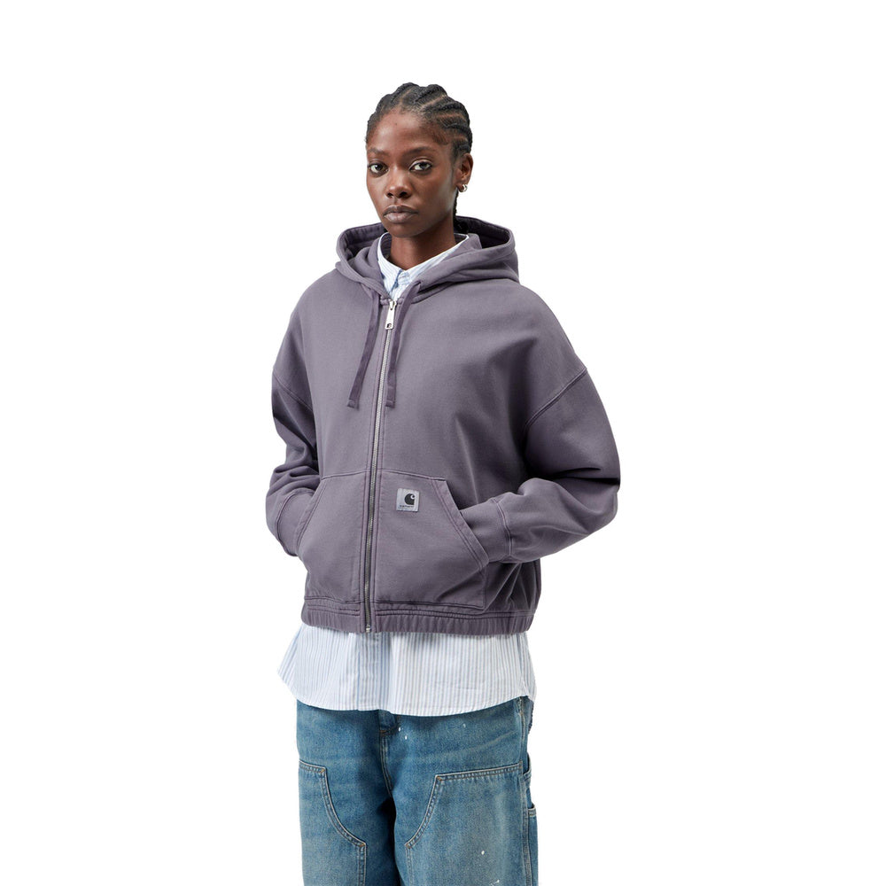 Felpa con cappuccio Carhartt WIP W' Hooded Hoggard Jacket Shady Purple Garment Dyed – indossata vista di tre quarti