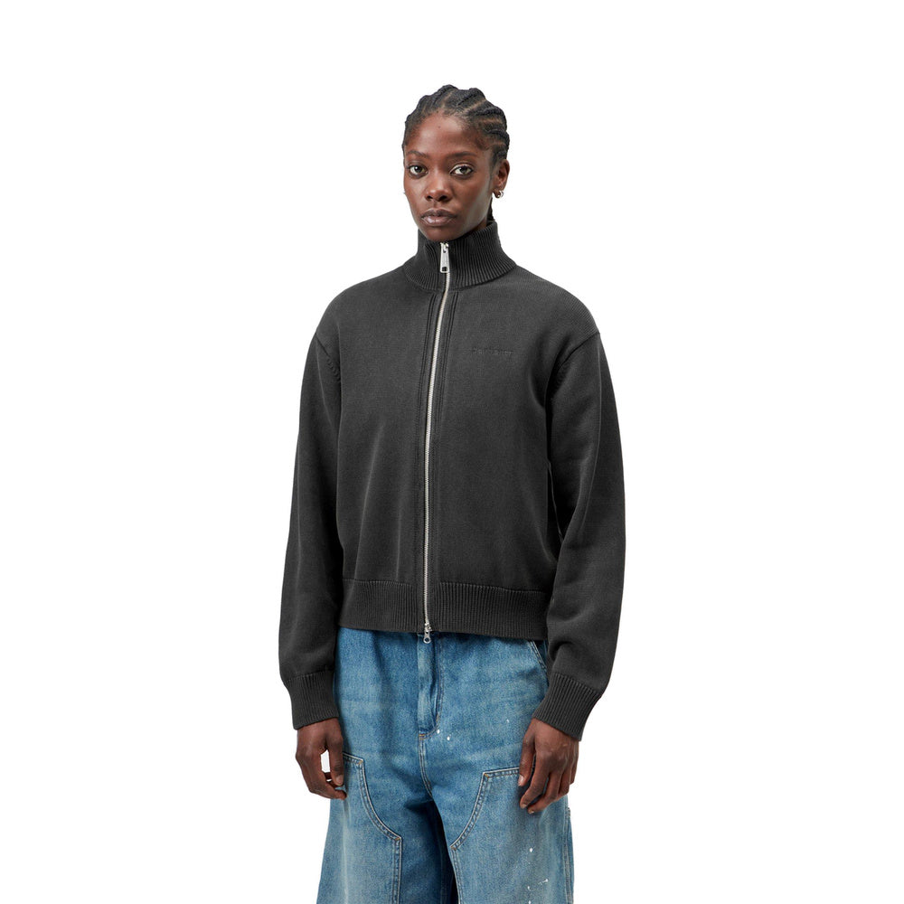 Cardigan Carhartt WIP W' Kori Sweater Jacket Black Garment Dyed – indossato vista di tre quarti