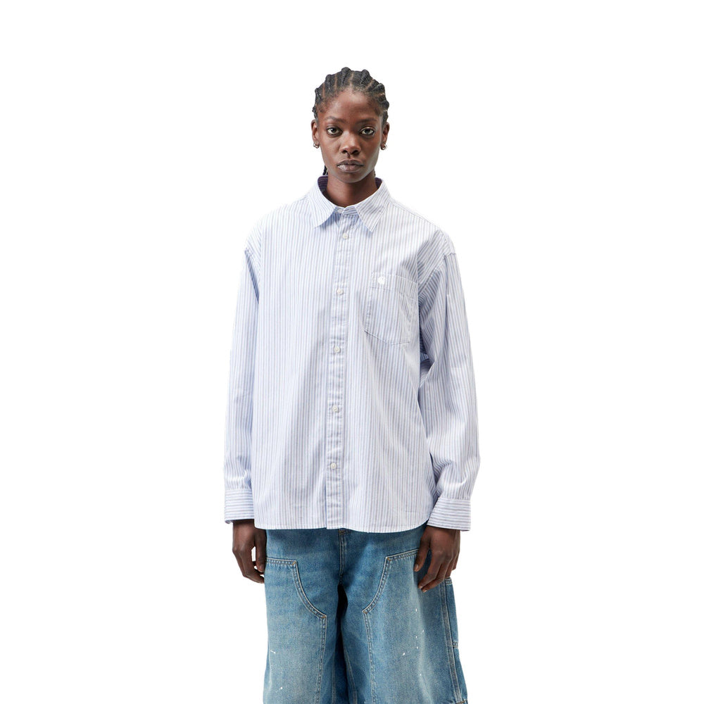 Camicia Carhartt WIP W' L/S Keene Shirt Keene Stripe White – indossata vista frontale