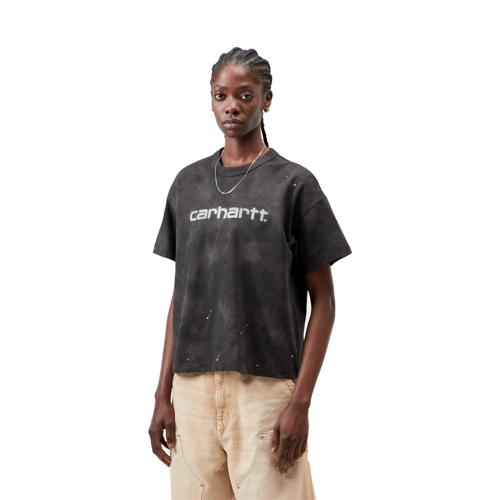 T-shirt Carhartt WIP W' S/S Painter T-Shirt Black Destroy Wash Splatter – indossata vista frontale