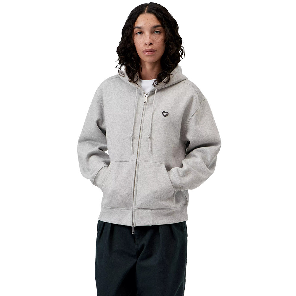 Felpa con cappuccio Carhartt WIP Women's Hooded Small Heart Patch Jacket Grey Heather / Black – indossata vista di tre quarti