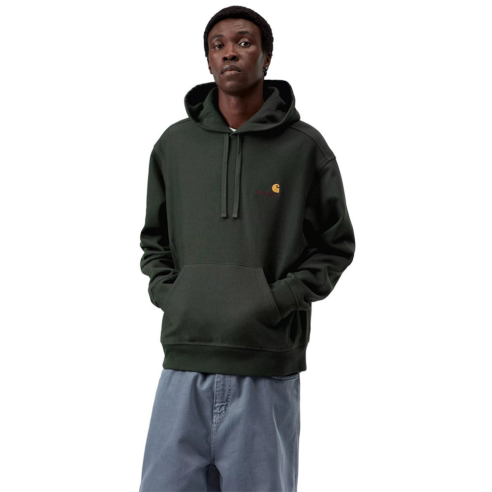 Felpa con cappuccio Carhartt WIP Hooded American Script Sweatshirt Raven – indossata vista frontale