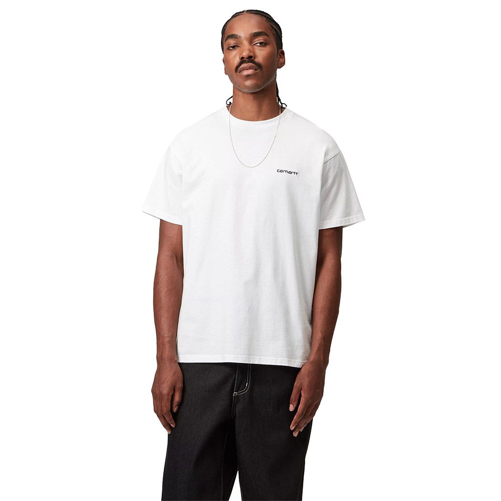 T-shirt Carhartt WIP S/S Script Embroidery T-Shirt White / Black – indossata vista frontale