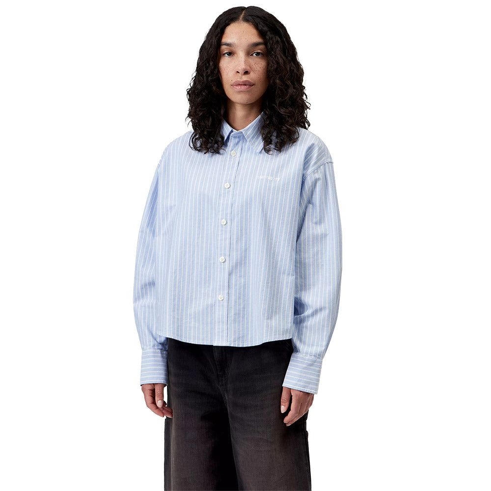 Camicia Carhartt WIP Women's L/S Kanan Shirt Kanan Stripe / Bleach – indossata vista frontale