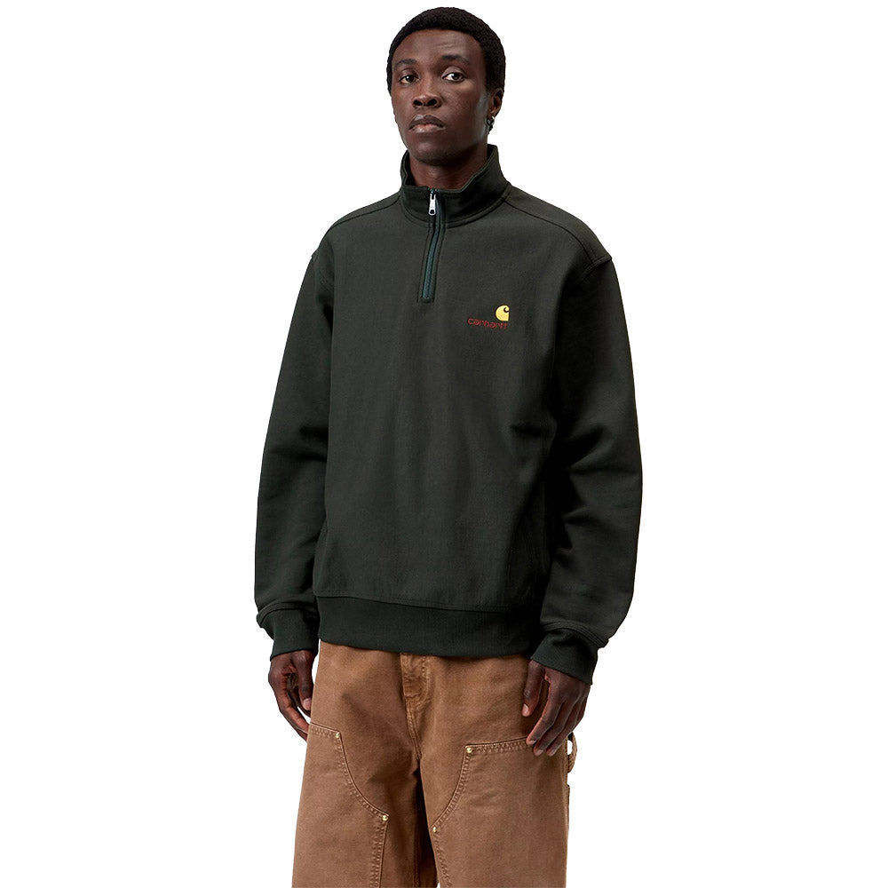Felpa Carhartt WIP Half Zip American Script Sweatshirt Raven – indossata vista frontale