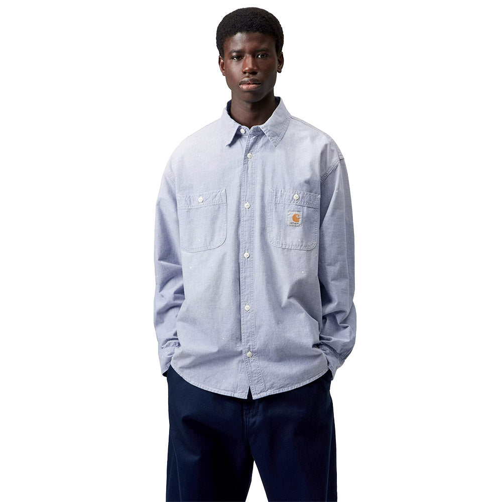 Camicia Carhartt WIP L/S Painter Shirt Blue / Worn Used, Splatter – indossata vista frontale