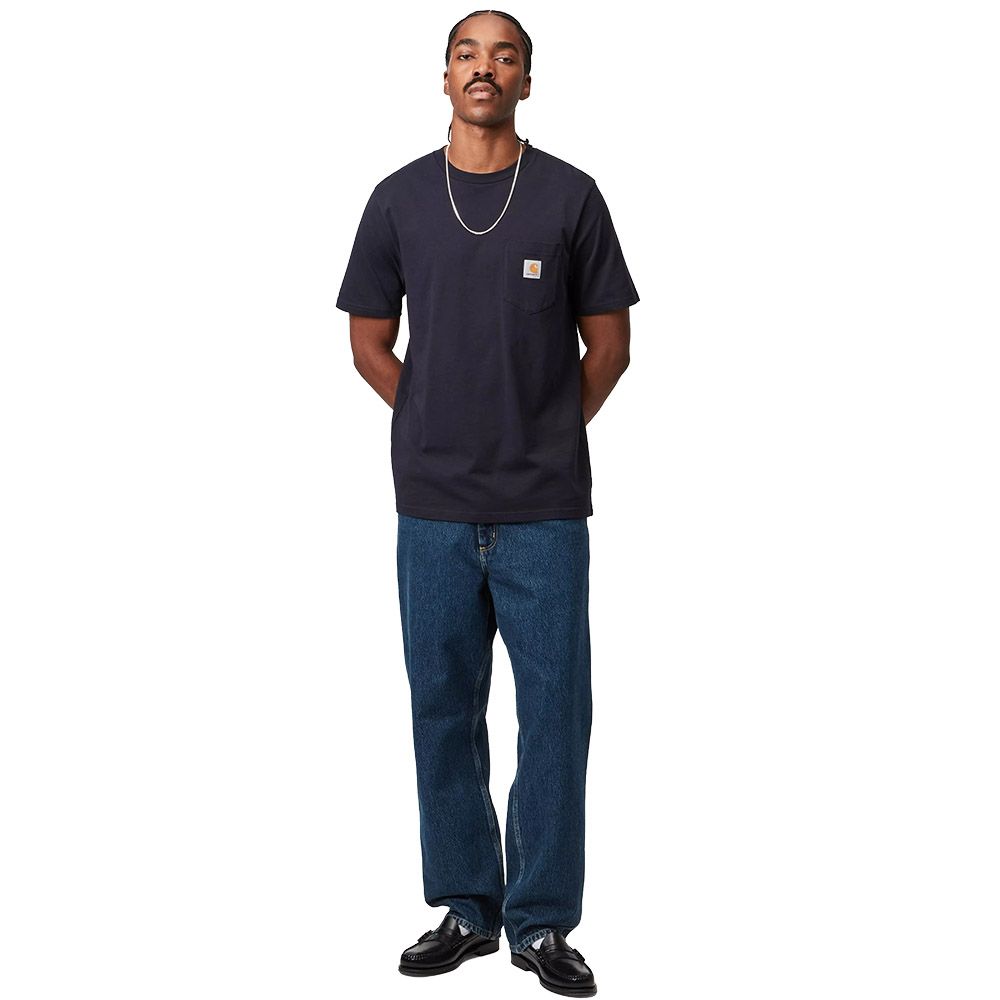 Pantaloni Carhartt WIP Single Knee Pant Blue Stone Washed – indossati figura intera
