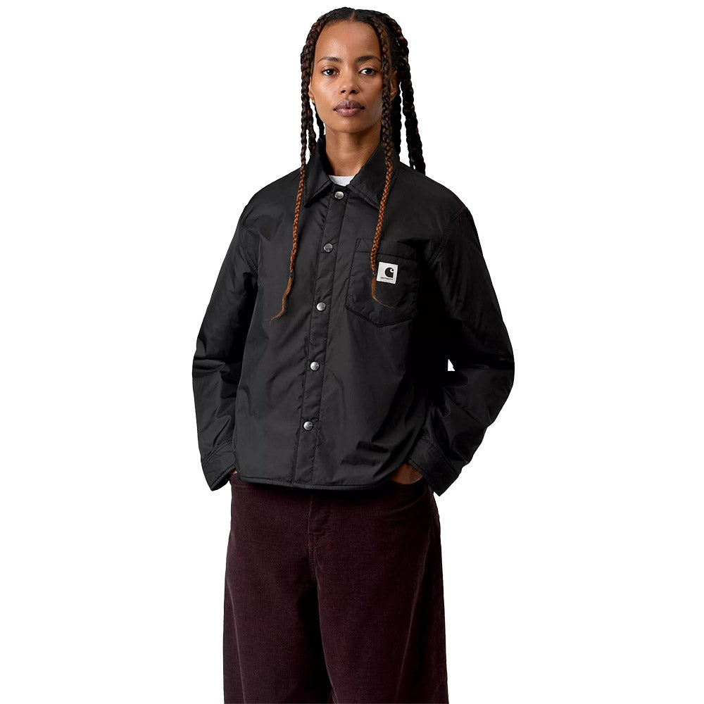 Giacca Carhartt WIP Women's Lauryn Shirt Jacket Black – indossata vista di tre quarti