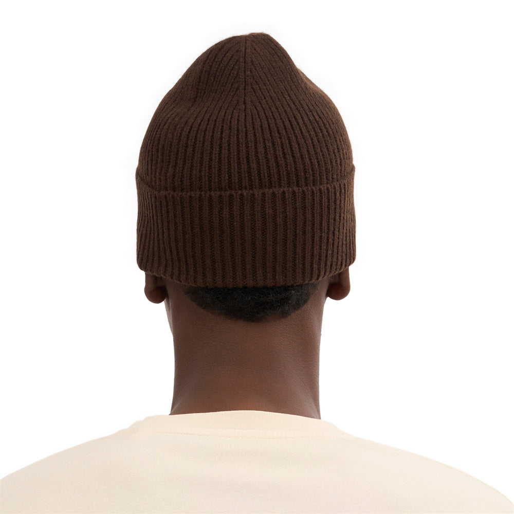 Colorful Standard Merino Wool Beanie Coffee Brown – worn by a male model, back view