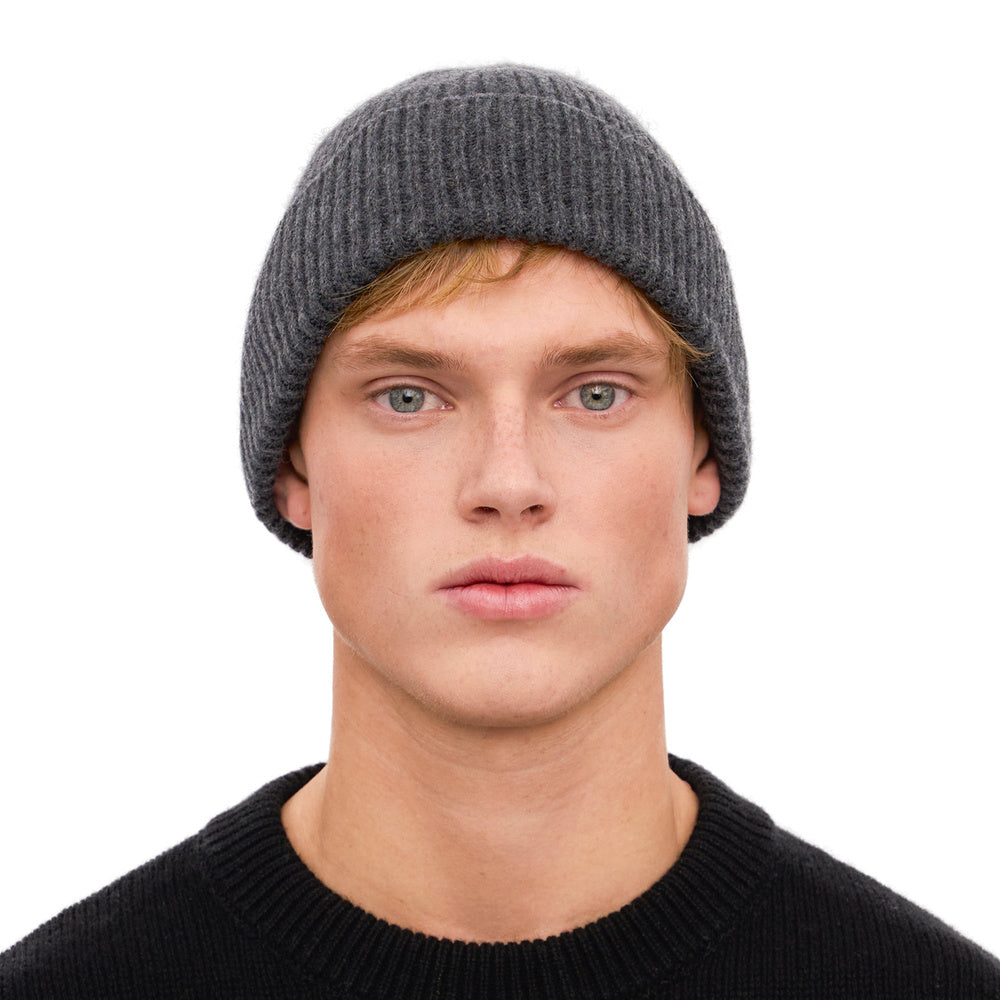 Colorful Standard Merino Wool Beanie Lava Grey – worn by a male model, front view