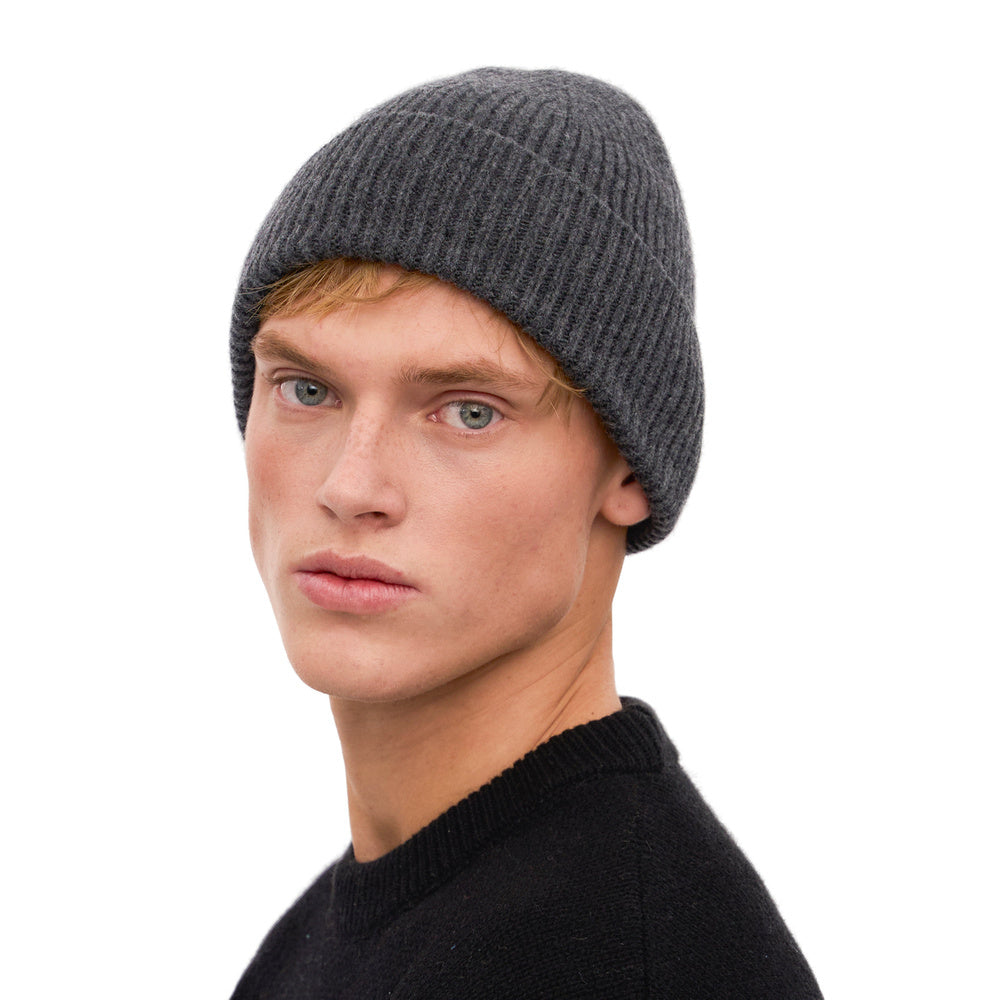 Colorful Standard Merino Wool Beanie Lava Grey – worn by a male model, three-quarter view