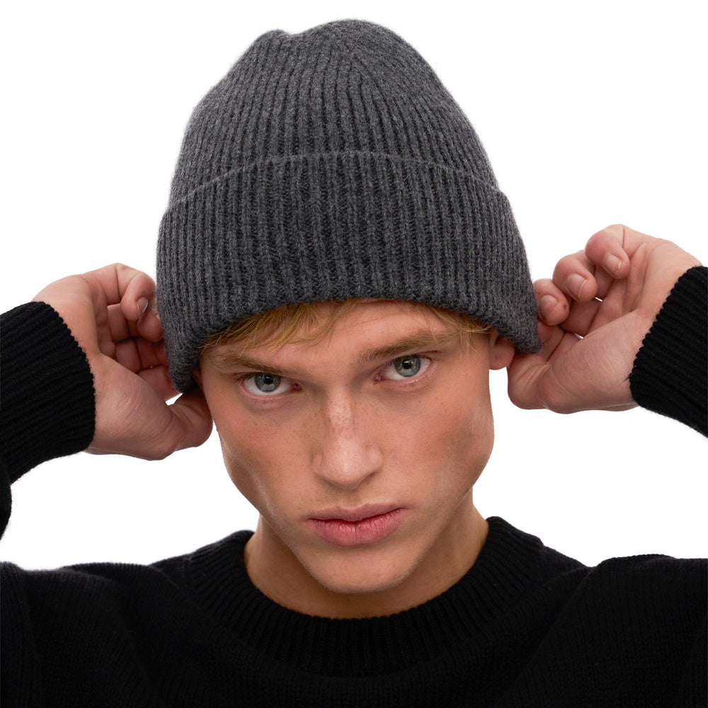 Colorful Standard Merino Wool Beanie Lava Grey – worn by a male model, close-up