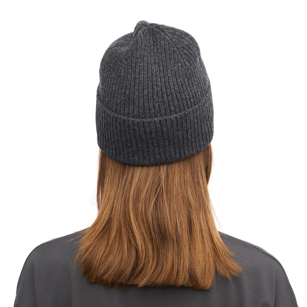 Colorful Standard Merino Wool Beanie Lava Grey – worn by a female model, back view