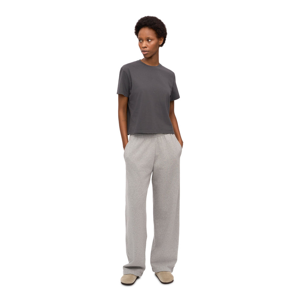 T-shirt Colorful Standard Organic Boxy Crop Tee Lava Grey – indossata da una modella, figura intera