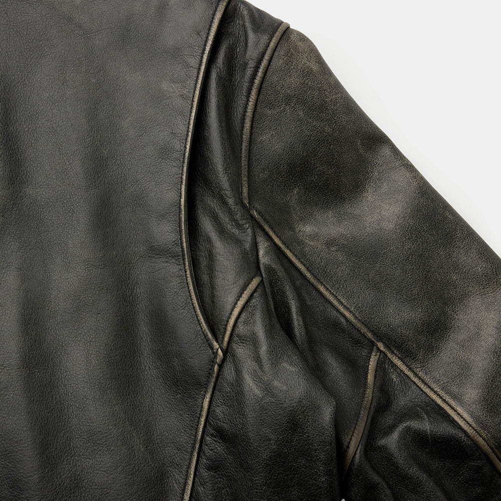 Giacca di pelle COOR Cow Washed Biker Leather Jacket Washed Black – dettaglio della manica