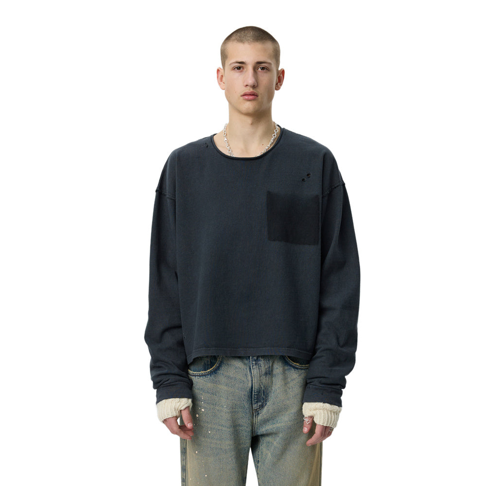 mfpen Rolled Neck LS Tee Destroyed Grey – worn, front view