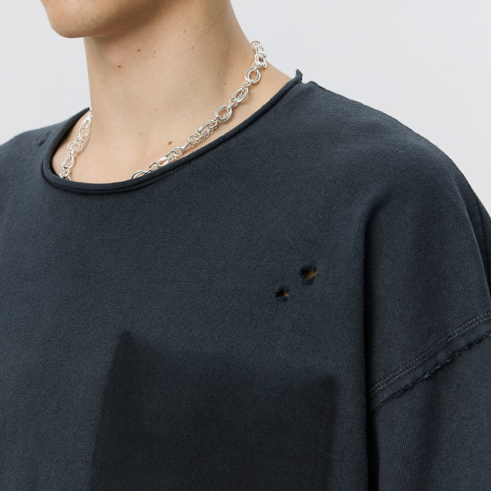 mfpen Rolled Neck LS Tee Destroyed Grey – neck detail