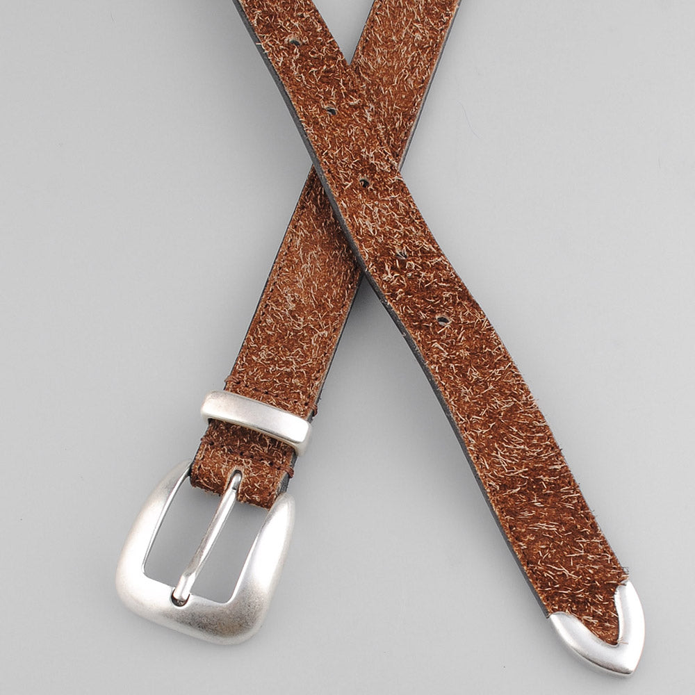 Cintura Molebo Western Buckle Suede Belt Brown – incrociata, dettaglio della fibbia e del puntale