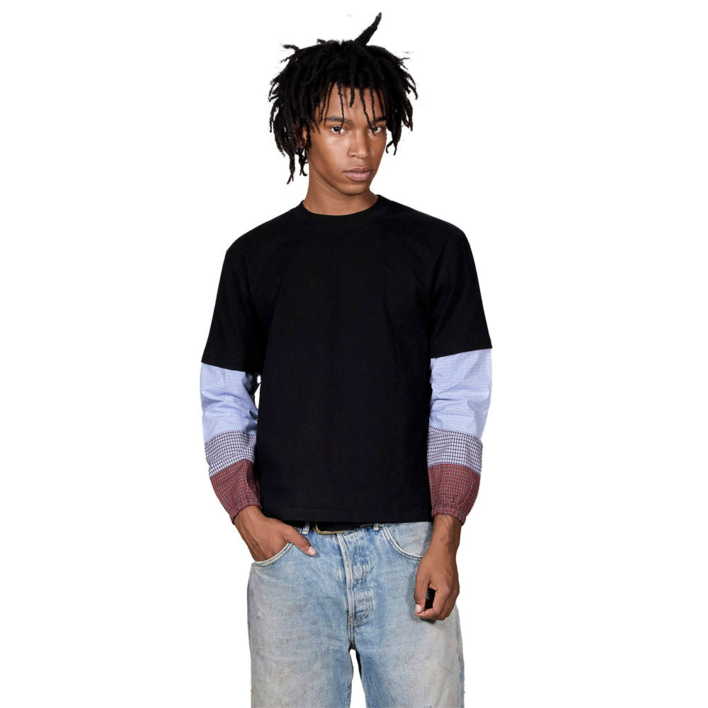 T-shirt PLEASURES Tartan Heavyweight Long Sleeve Black – indossata vista frontale