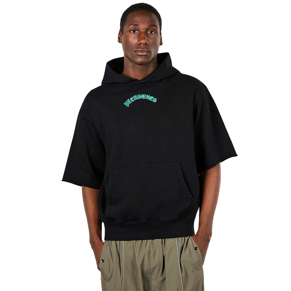 Felpa con cappuccio PLEASURES Cut Off Hoodie Black – indossata vista frontale