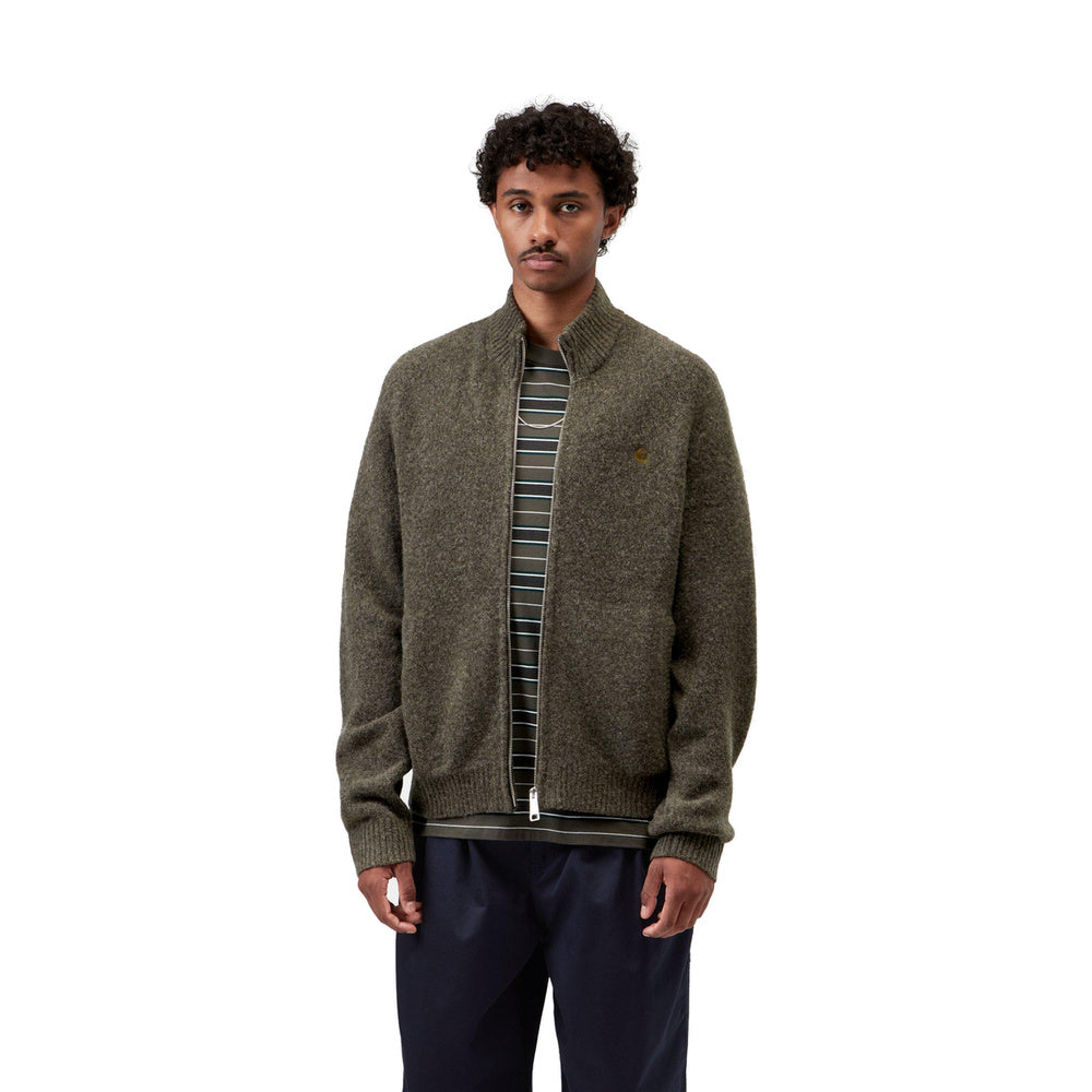 Cardigan Carhartt WIP Curtis Sweater Jacket Tangled Shungite – indossato vista frontale