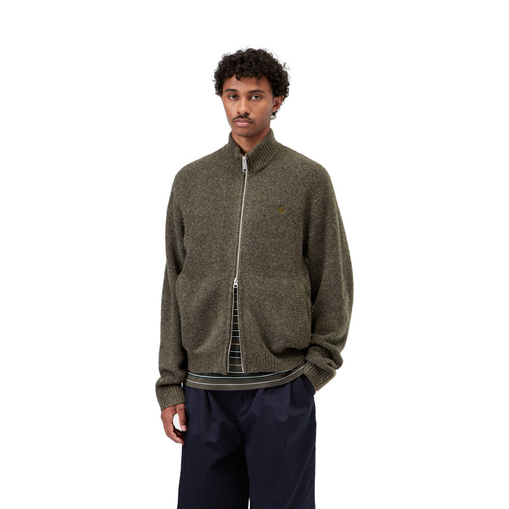 Cardigan Carhartt WIP Curtis Sweater Jacket Tangled Shungite – indossato vista di tre quarti