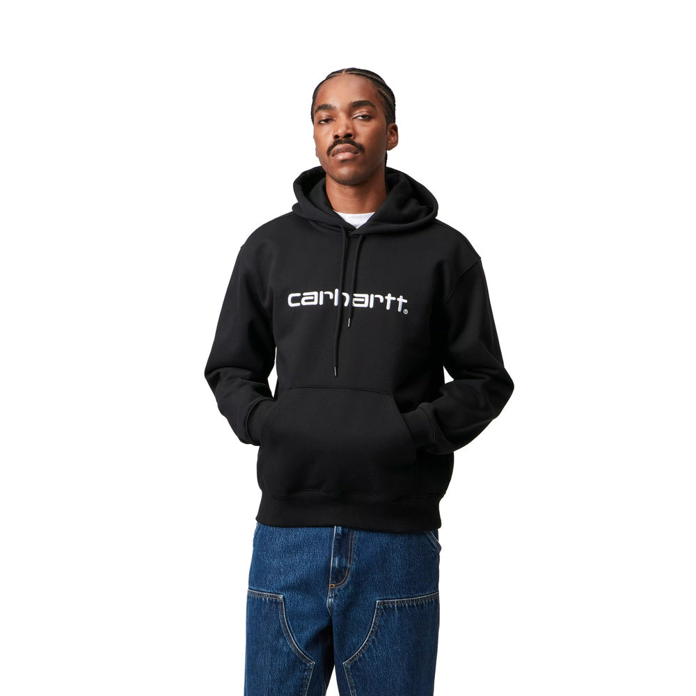 Felpa con cappuccio Carhartt WIP Hooded Carhartt Sweatshirt Black / White – indossata, vista frontale