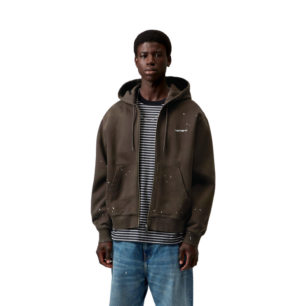 Felpa con cappuccio Carhartt WIP Hooded Painter Jacket Tobacco Destroy Wash Splatter – indossata vista frontale