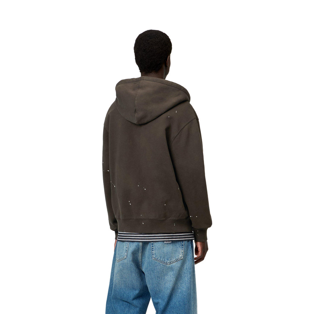 Felpa con cappuccio Carhartt WIP Hooded Painter Jacket Tobacco Destroy Wash Splatter – indossata vista posteriore