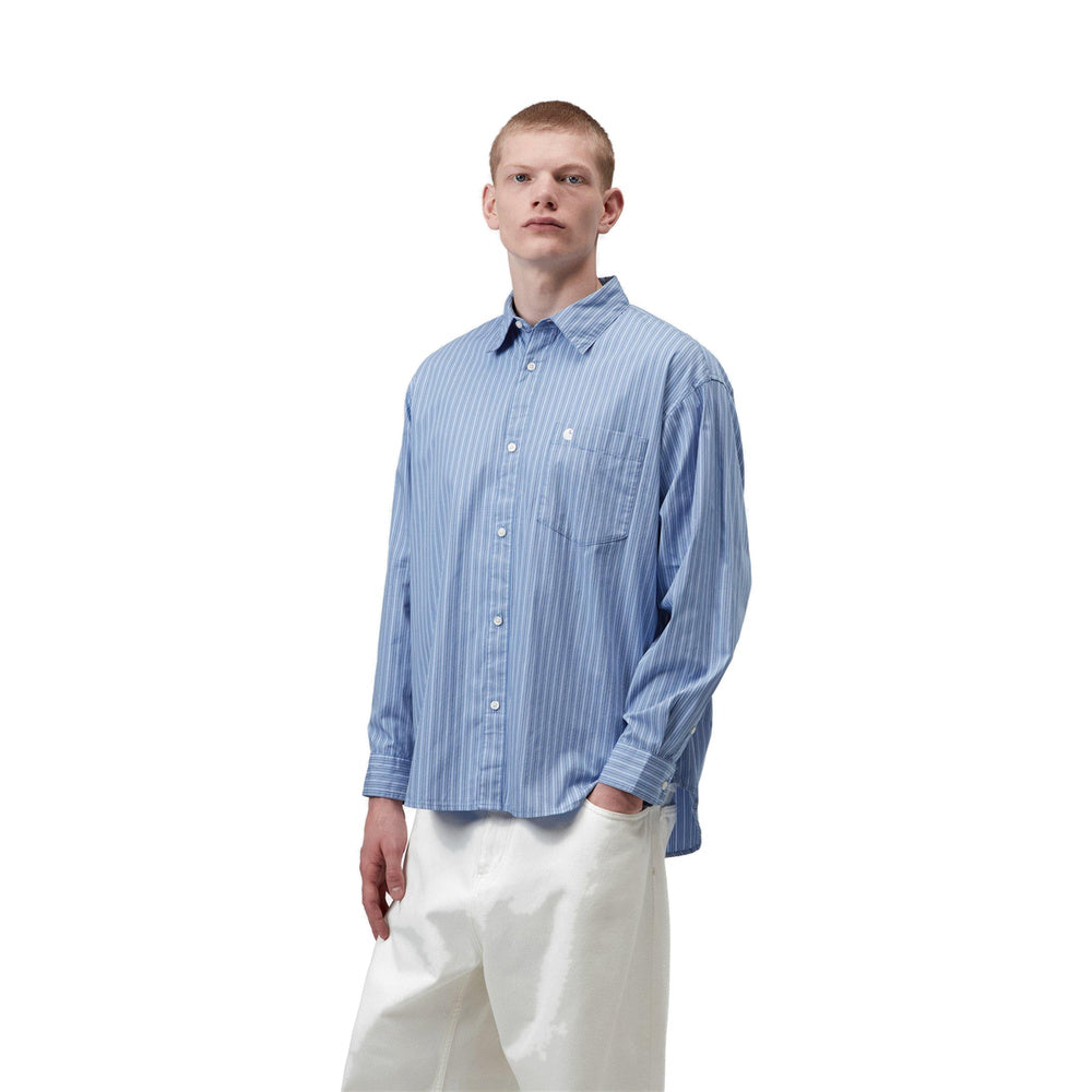 Camicia Carhartt WIP L/S Keene Shirt Keene Stripe Curacao – indossata vista frontale