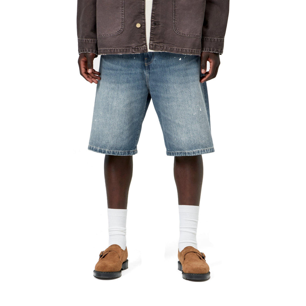 Short Carhartt WIP Landon Short Blue Destroy Wash Splatter – indossati vista frontale