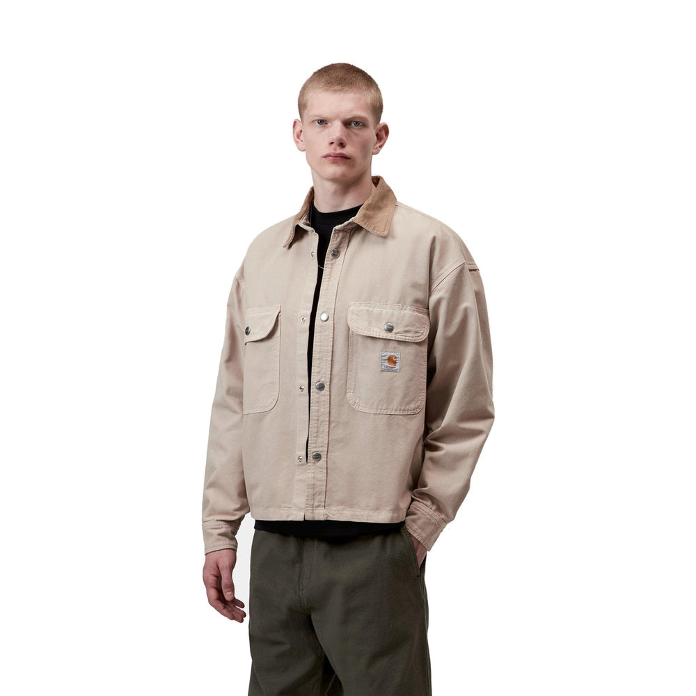 Giacca Carhartt WIP Prescott Shirt Jacket Leather Garment Dyed – indossata vista frontale