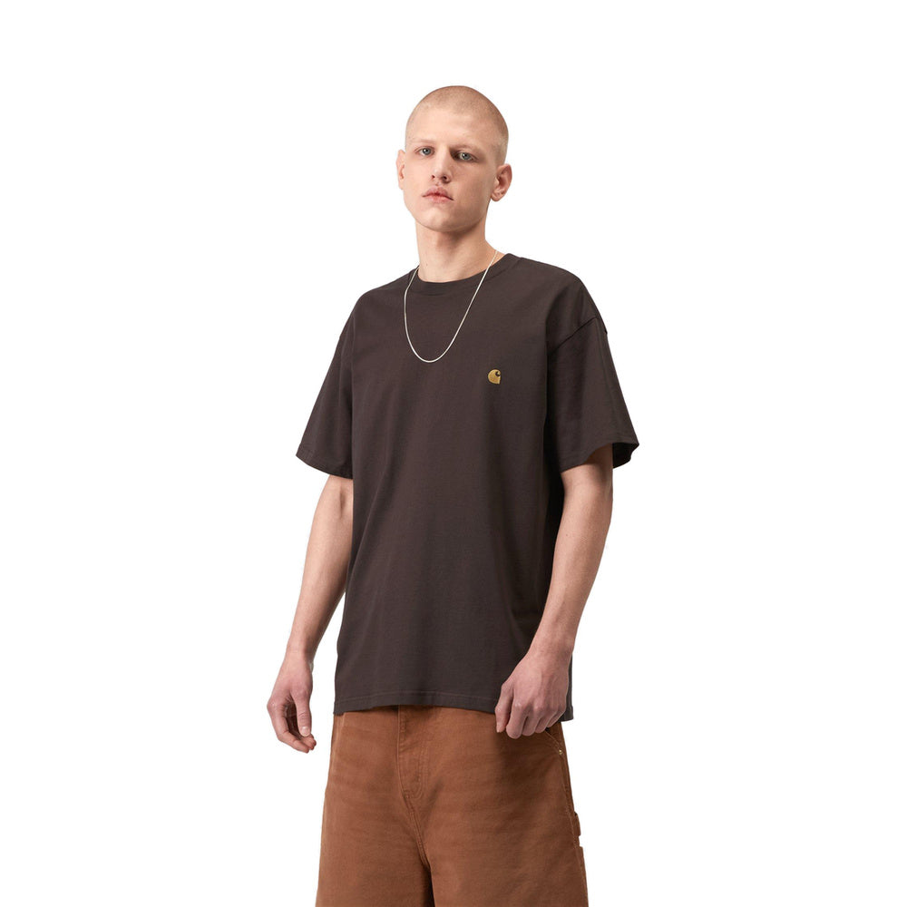 T-shirt Carhartt WIP S/S Chase T-Shirt Shale / Gold – indossata vista frontale