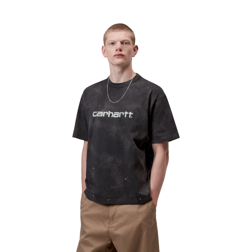 T-shirt Carhartt WIP S/S Painter T-Shirt Black Destroy Wash Splatter – indossata vista frontale