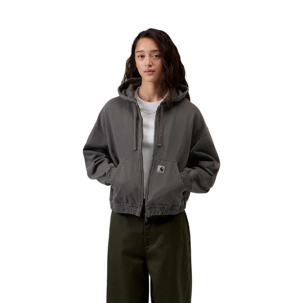 Felpa con cappuccio Carhartt WIP W' Hooded Hoggard Jacket Black Garment Dyed – indossata vista frontale