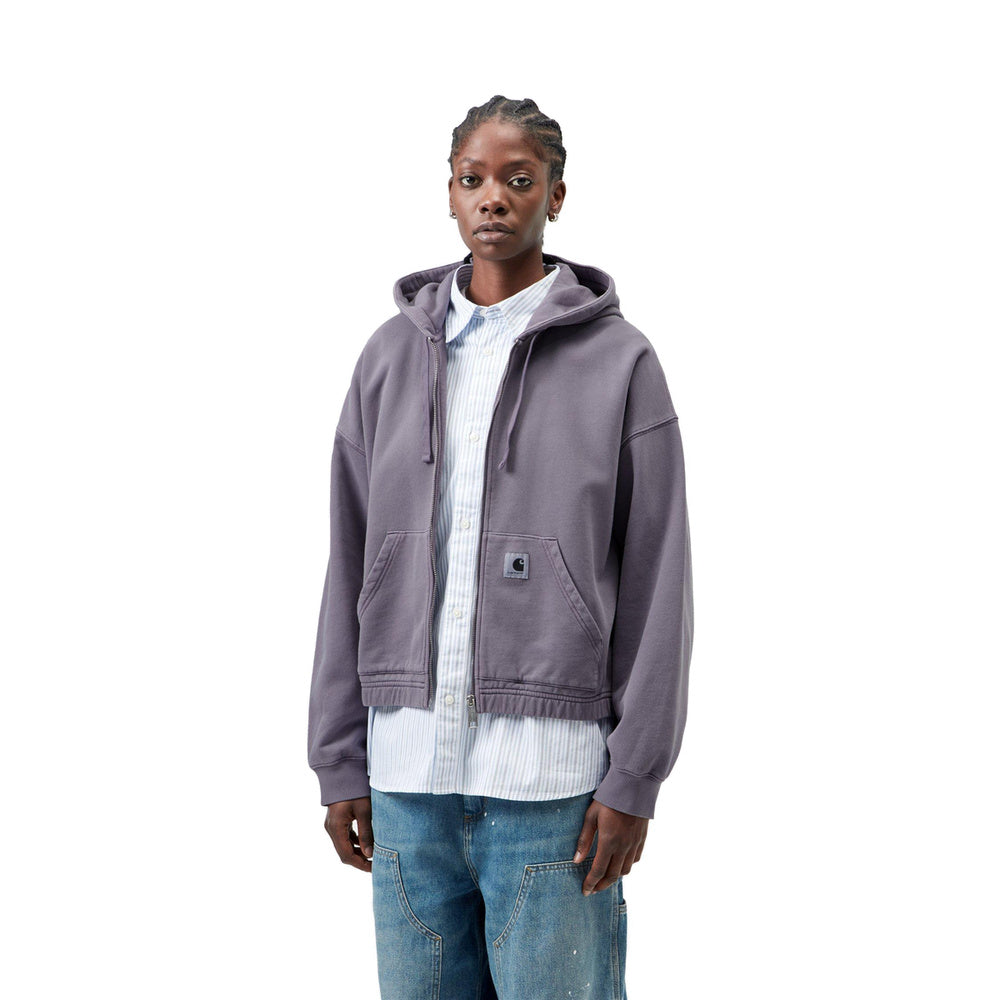 Felpa con cappuccio Carhartt WIP W' Hooded Hoggard Jacket Shady Purple Garment Dyed – indossata vista frontale