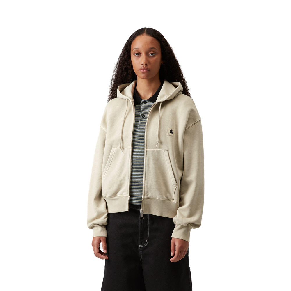 Felpa con cappuccio Carhartt WIP W' Hooded Nelson Jacket Stone Garment Dyed – indossata vista frontale