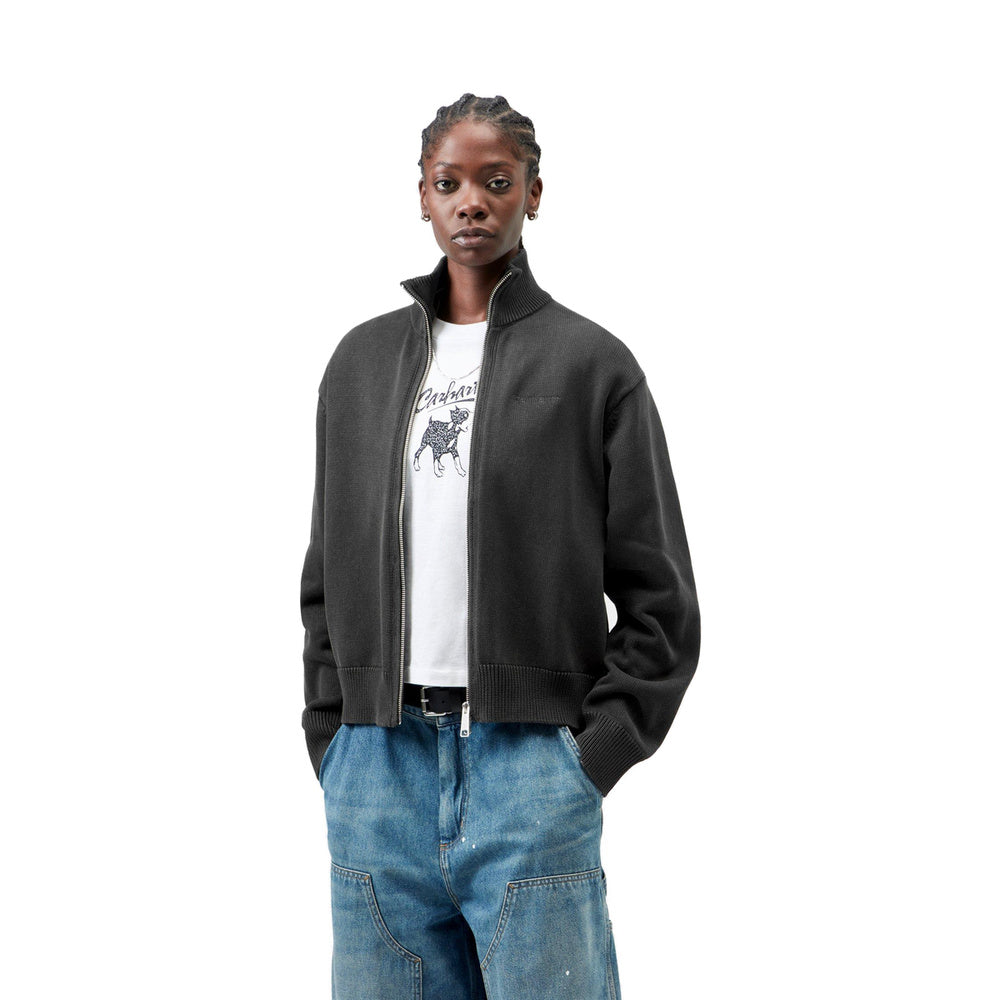 Cardigan Carhartt WIP W' Kori Sweater Jacket Black Garment Dyed – indossato vista frontale
