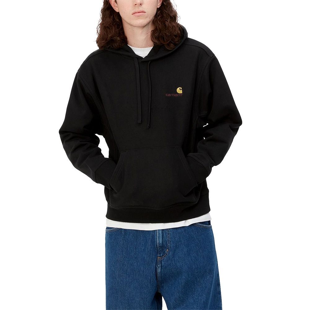 Felpa con cappuccio Carhartt WIP Hooded American Script Sweatshirt Black – indossata vista frontale