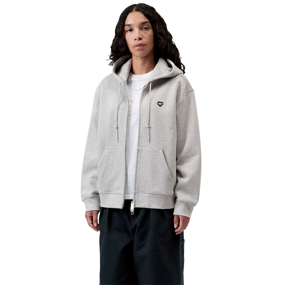 Felpa con cappuccio Carhartt WIP Women's Hooded Small Heart Patch Jacket Grey Heather / Black – indossata vista frontale