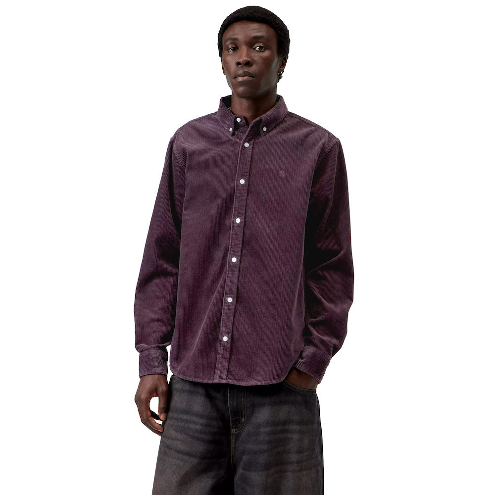 Camicia Carhartt WIP L/S Madison Cord Shirt Cozy Purple – indossata vista frontale