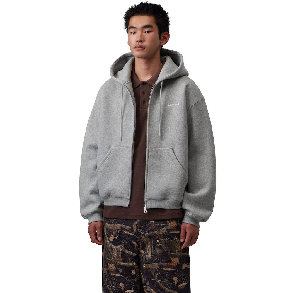 Felpa con cappuccio Carhartt WIP Hooded Ebbert Jacket Grey Heather / White – indossata vista frontale