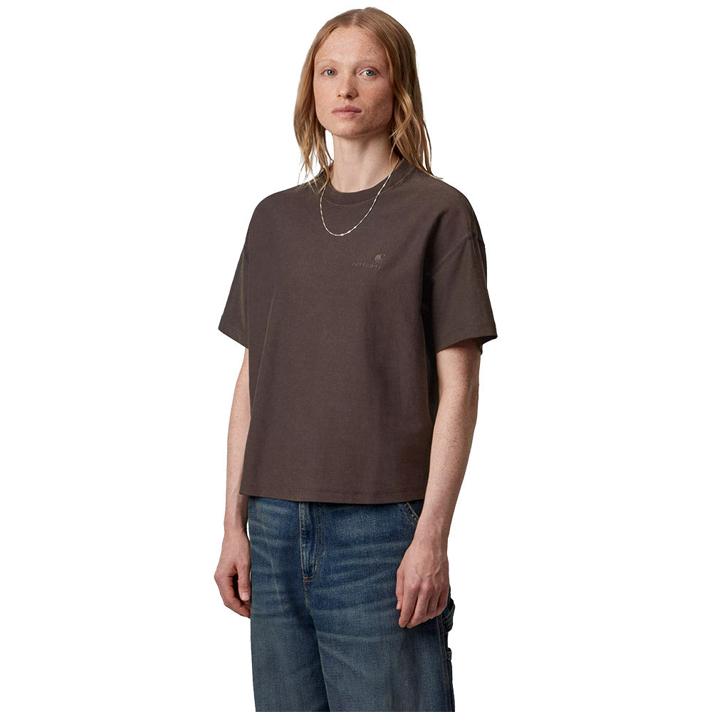 T-shirt Carhartt WIP Women's S/S Lambert T-Shirt Tobacco / Moon Wash – indossata vista frontale