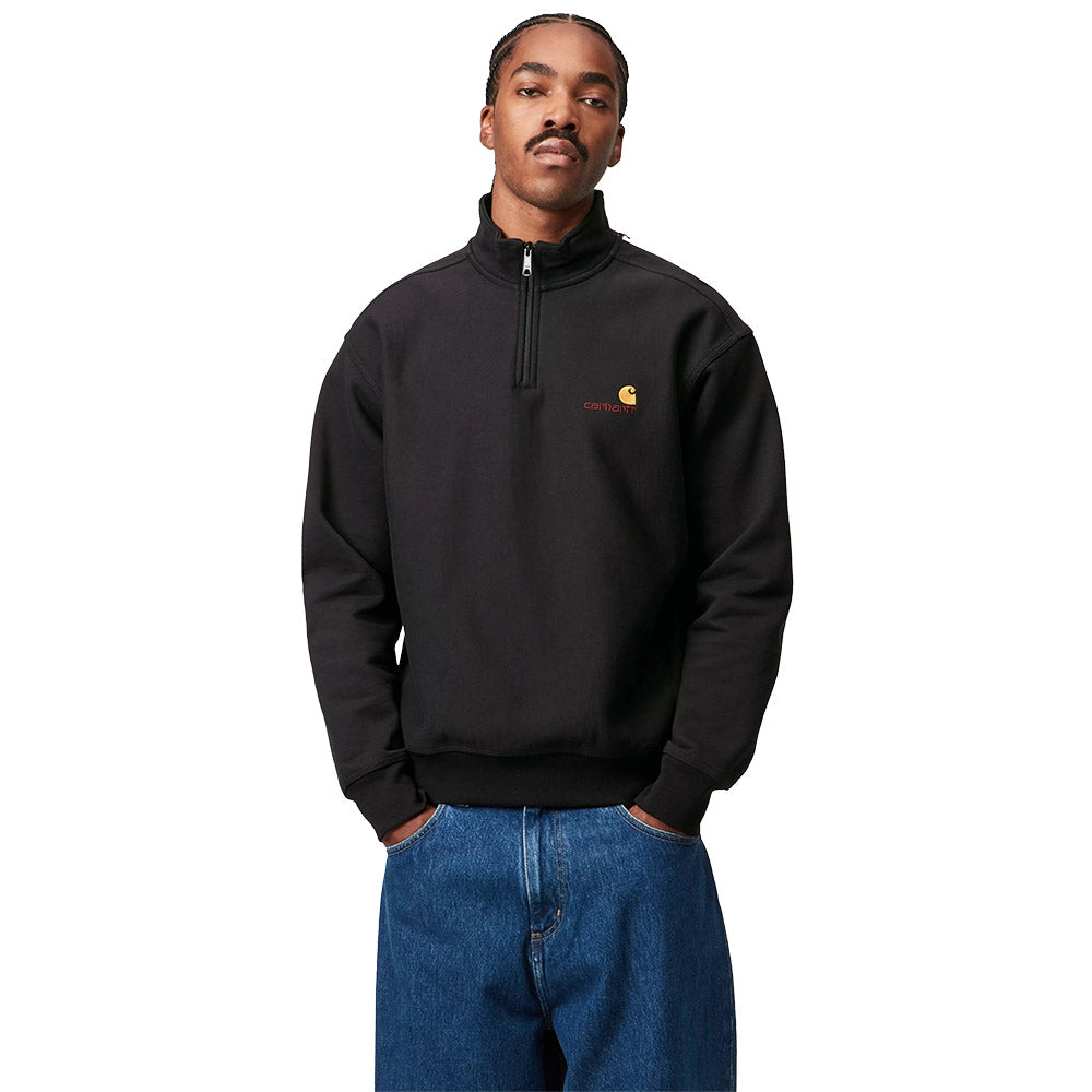 Felpa Carhartt WIP Half Zip American Script Sweatshirt Black – indossata vista frontale