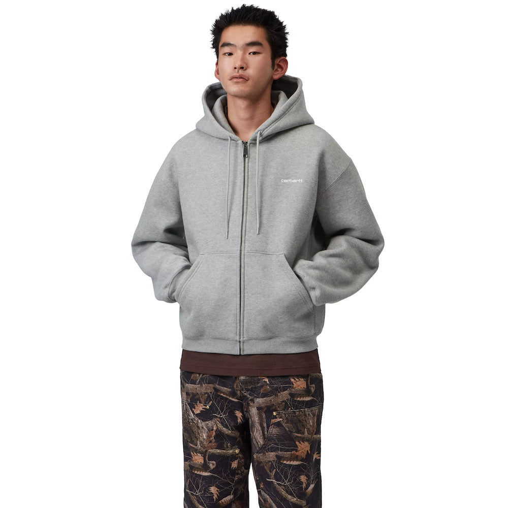 Felpa con cappuccio Carhartt WIP Hooded Ebbert Jacket Grey Heather / White – indossata vista di tre quarti